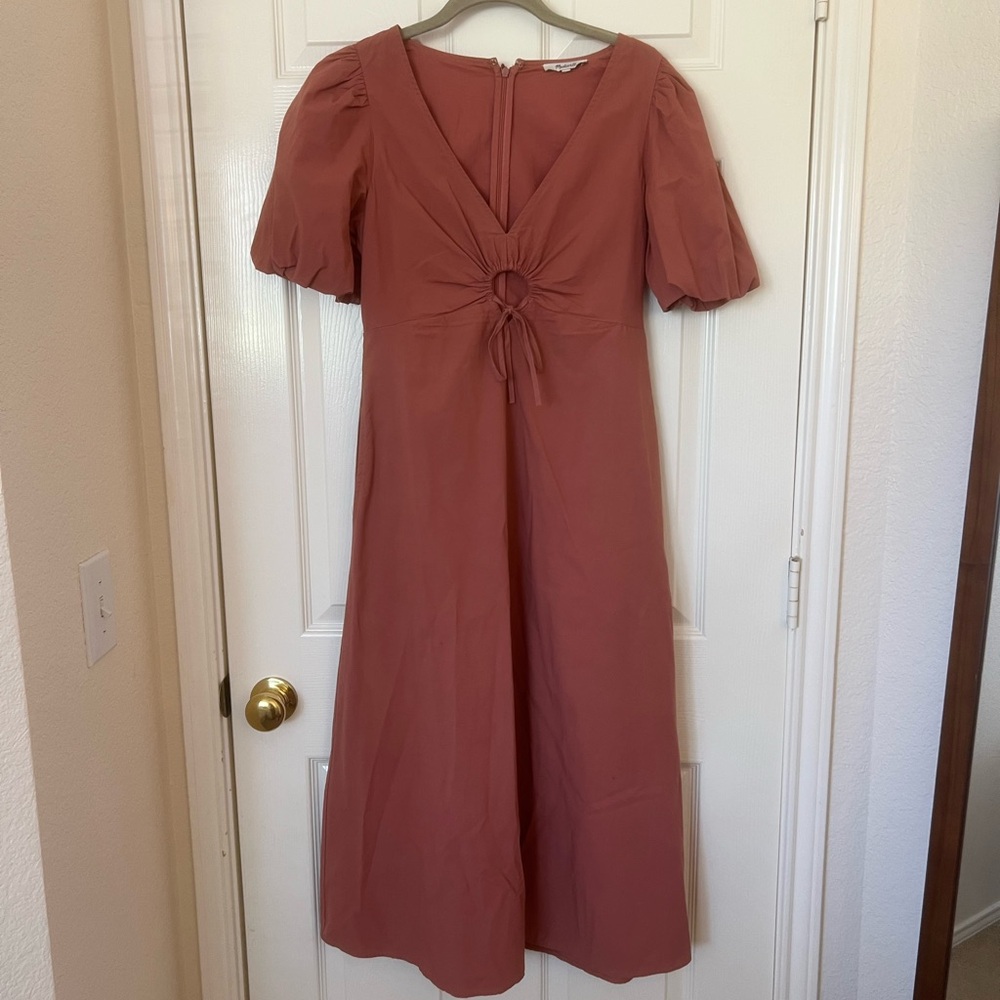 Madewell Rust-Terracotta V-Neck Midi Dress with Ring Tie